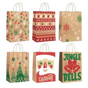 24 Pack Christmas Gift Bags With Handles Kraft Paper 6 Holiday Designs